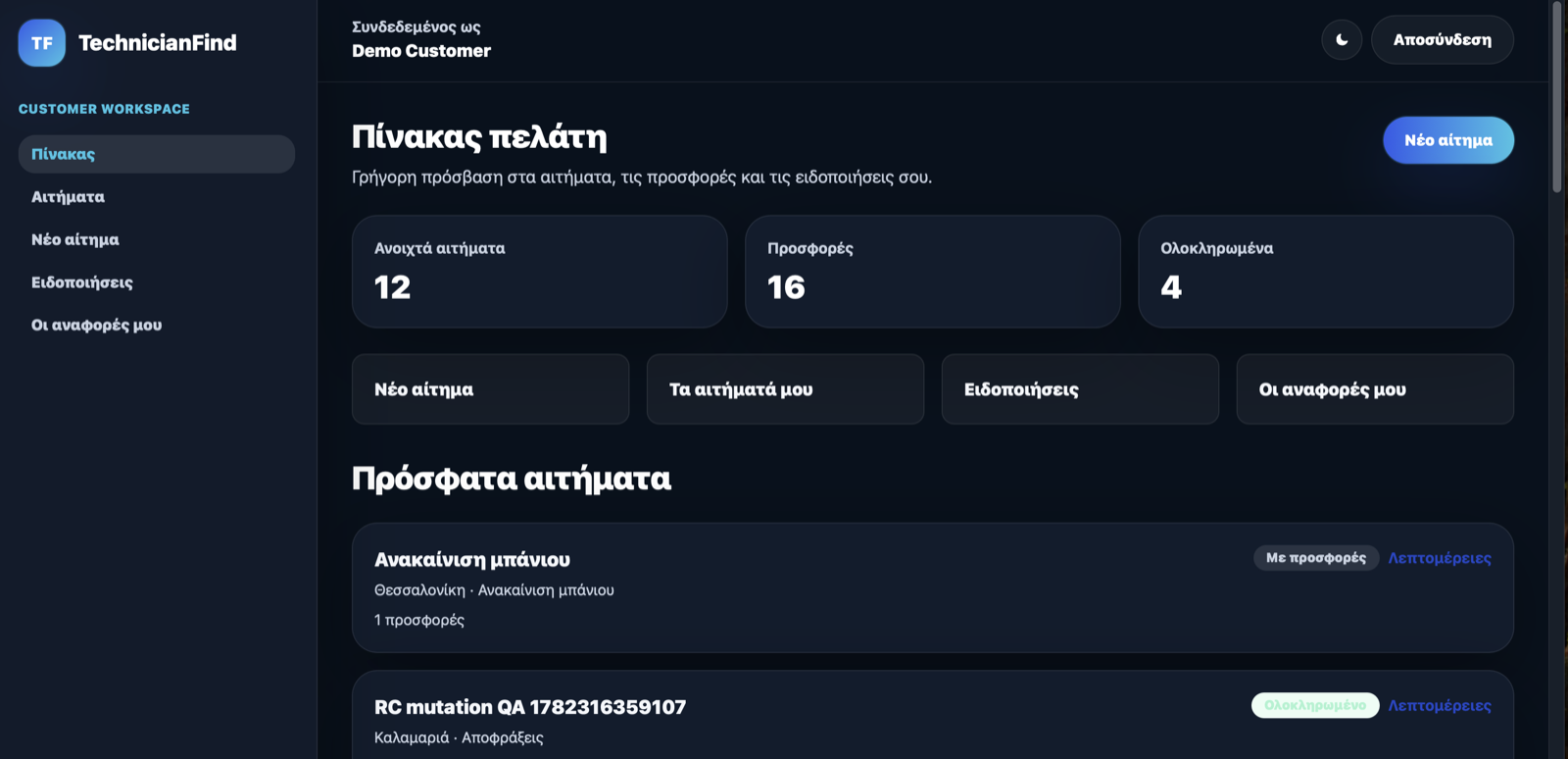 Customer dashboard του TechnicianFind