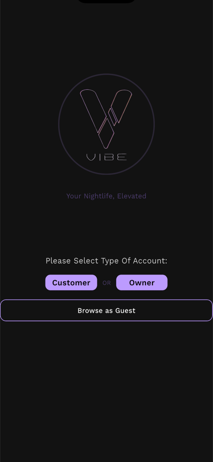 Οθόνη εισόδου του Vibe Reservation App
